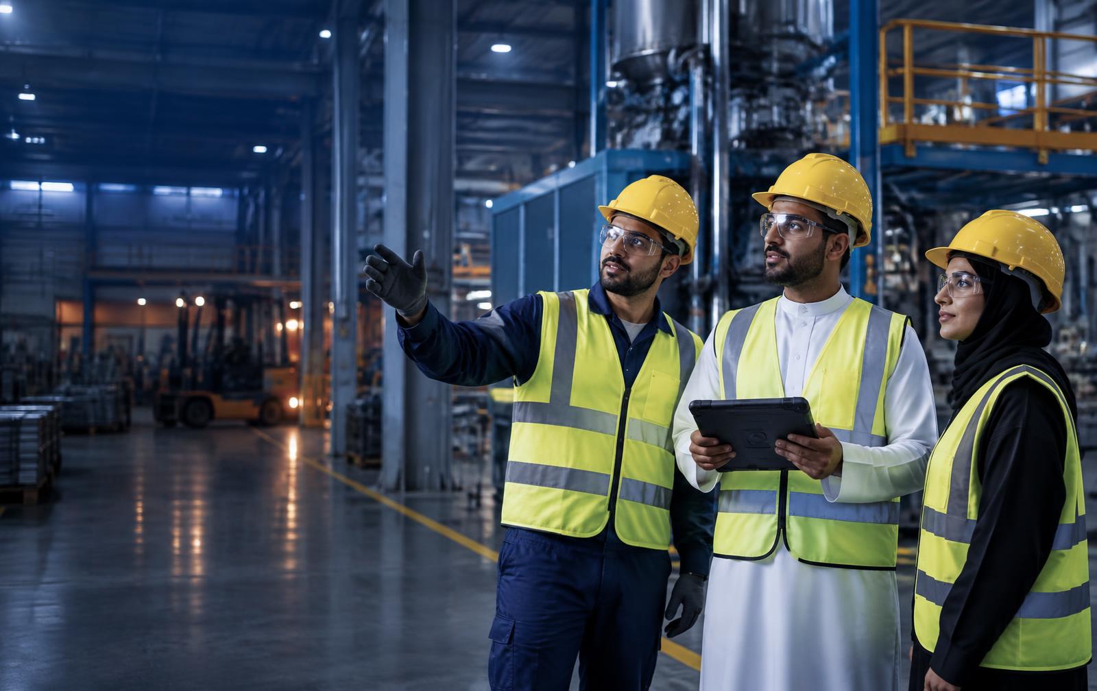 Industrial safety team in a modern Gulf manufacturing facility reviewing operations