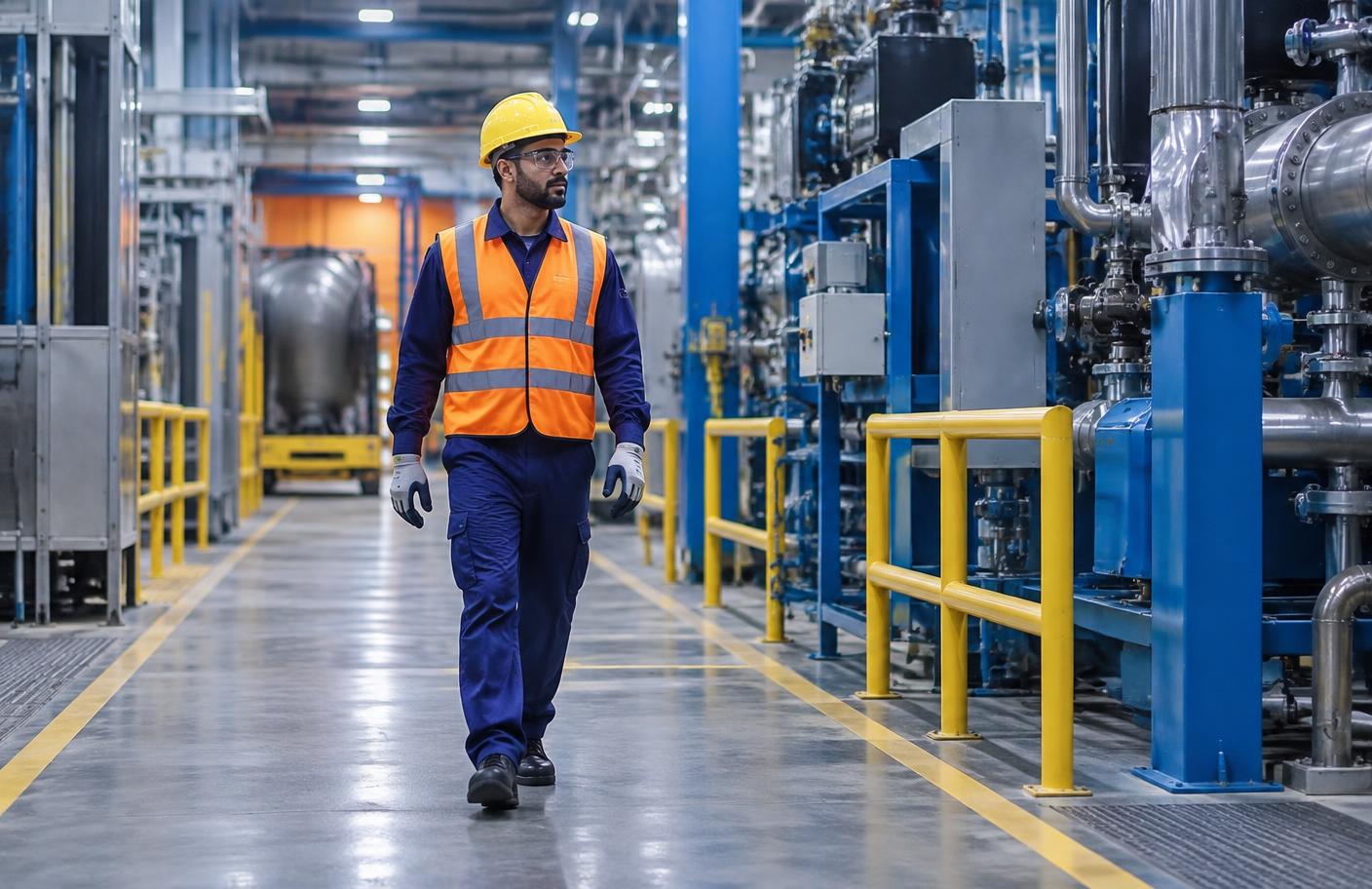 Industrial worker in helmet and high-visibility clothing used for an illustrative PPE monitoring sequence