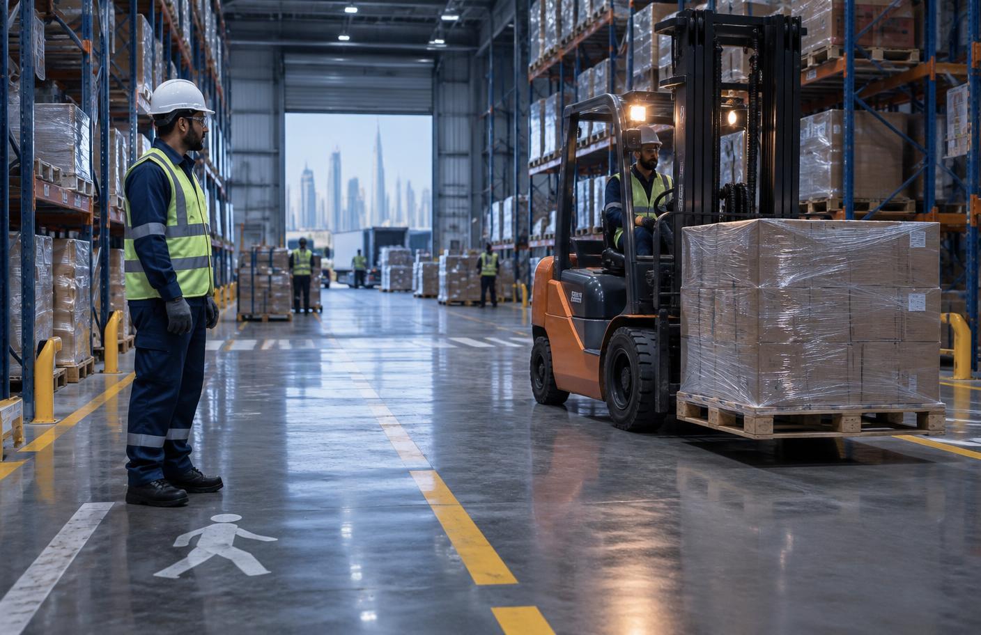 Warehouse worker and forklift in a shared aisle illustrating worker-machine proximity monitoring