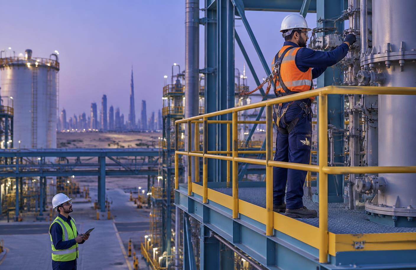 Industrial worker correctly attached to a safety harness on an elevated platform with a supervisor below
