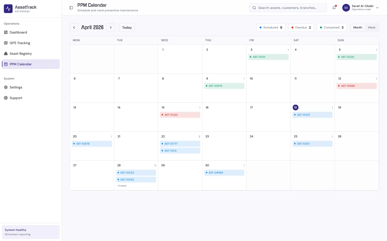 AssetView preventive maintenance calendar screen listing scheduled maintenance tasks per asset