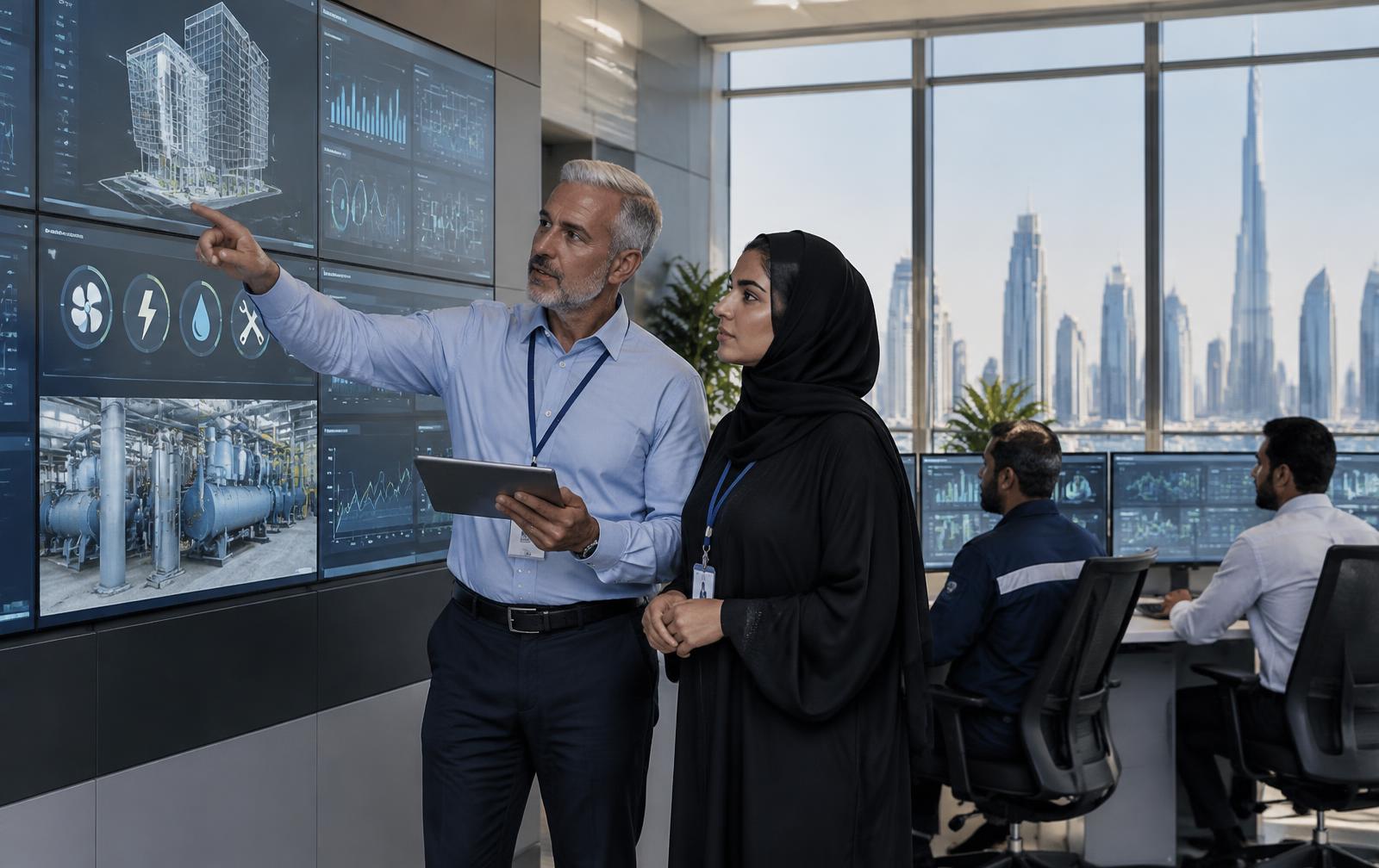 Facility managers reviewing connected building performance in a Dubai operations center